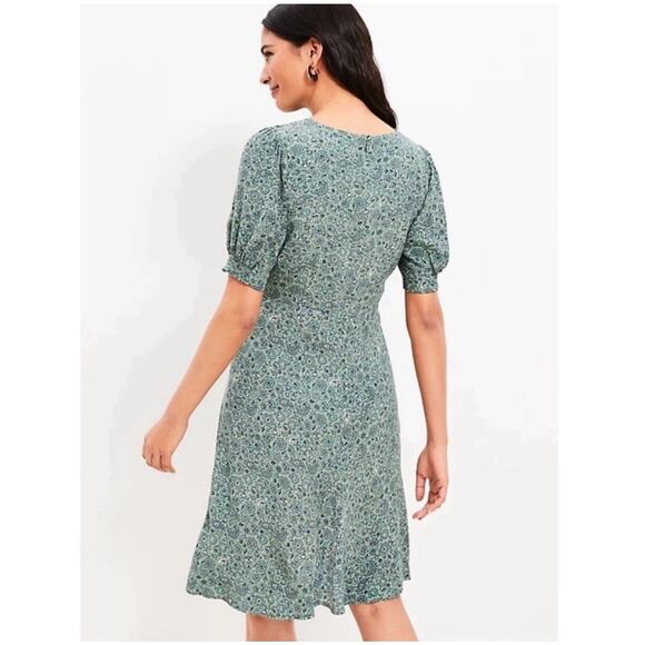 LOFT PETITES ANN TAYLOR Dress Size 8 Petite Green Paisley Print Short Sleeve - Picture 2 of 15